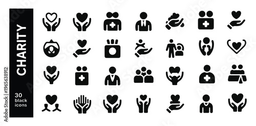 Charity and medical assistance icon collection for healthcare volunteers and social welfare