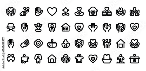 Charity vector outline black icons set, symbol of compassion, help, human support and donation
