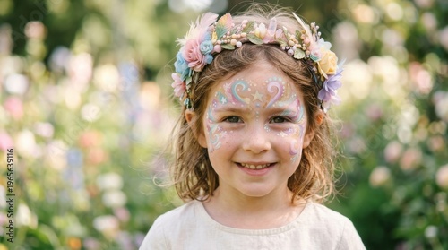 Smiling girl with floral face paint in blooming garden