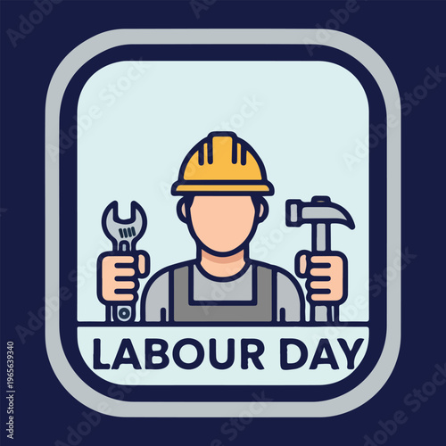 Labour Day Worker Holding Tools in Rounded Frame Vector Illustration