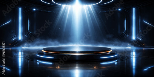 An abstract blue space background illuminates a vintage vinyl record player turntable and modern data storage disc technology with a glowing gas light