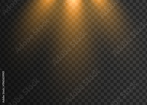 Abstract orange light effect over transparent background, spotlight beams for design overlay, bokeh and lens flare effect, radiant glow, digital art