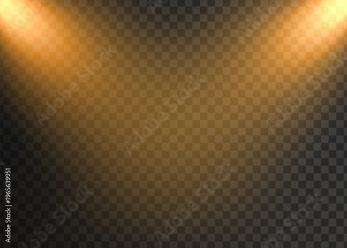 Two orange spotlight beams shining down on transparent background, effect overlay for design, lens flare, bokeh, radiant glow, digital art