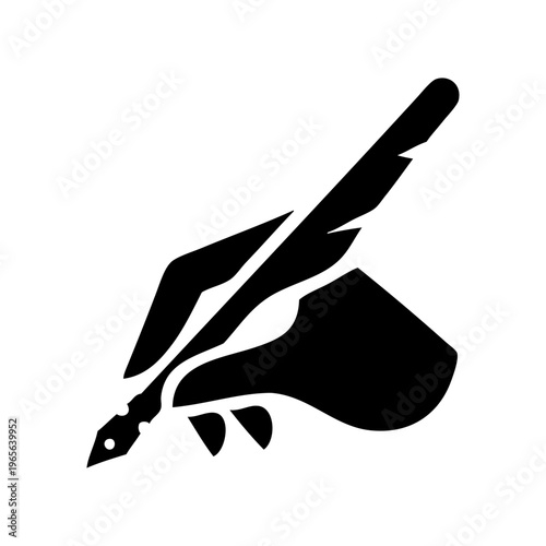 Logotipo con dibujo con silueta de una mano escribiendo con una pluma de ave