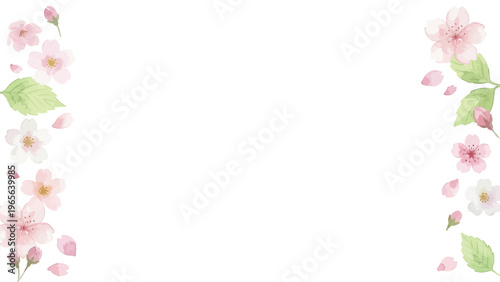 Watercolor-style lovely cherry blossom flowers, sakura spring botanical illustration, pink and white／水彩　桜