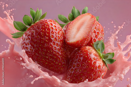 Fresh strawberries splashing with juice on a pink background with leaves