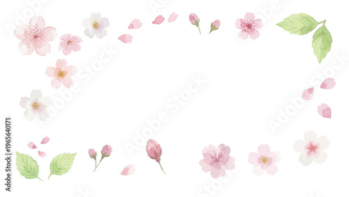 Watercolor-style lovely cherry blossom flowers, sakura spring botanical illustration, pink and white／水彩　桜