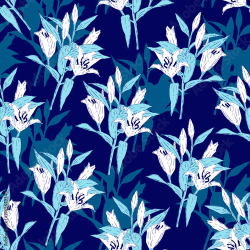 Navy Blue Background White Lily Floral Pattern. Seamless vector pattern featuring small white lily bouquets. A soft and elegant design perfect for floral-themed textiles, home decor, and accessories.