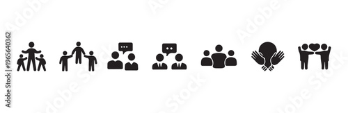 Set of icons illustrating communication family social interaction cooperation mentoring guidance and caring relationships
