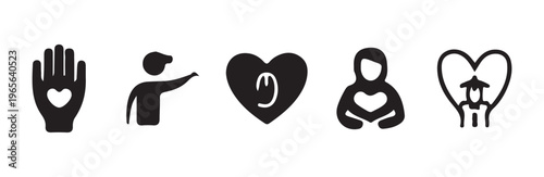 Hand with heart icon, pointing person, heart with letter, person holding heart, person with hat