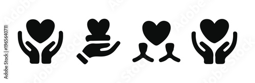 Four minimalist black icons focusing on hands holding hearts showing concepts of donation care support and love