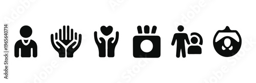 Set of six simple glyph icons representing human figure helping hands and medical photography abstract concepts