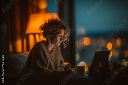Professional working late on laptop in cozy evening home.