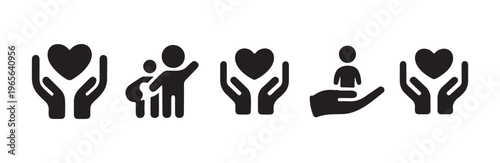 Family protection and childcare icons featuring heart in hands and human silhouette support