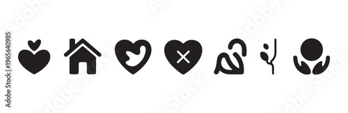 Group of eight black silhouette icons representing compassion home animal love charity and nature