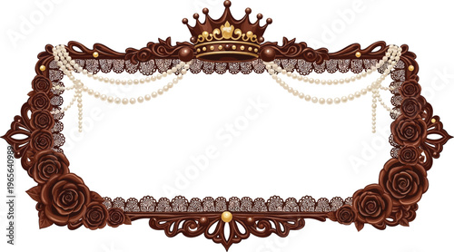 An ornate, brown picture frame with a crown and pearls on a white background