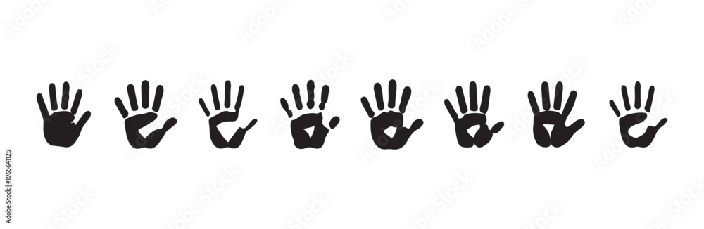 Fototapeta premium Ink handprint silhouettes set with diverse palm and finger shapes for minimalist background