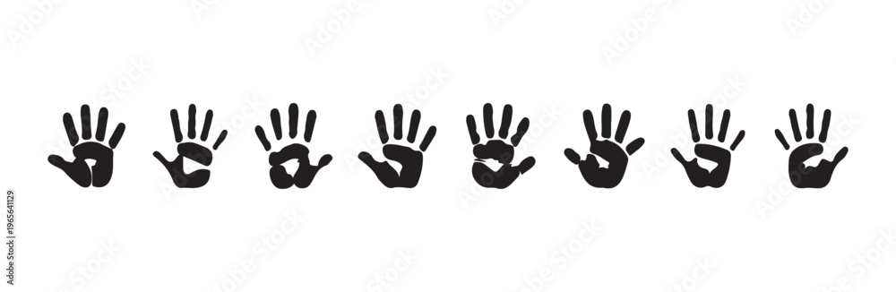 Obraz premium Black handprint icons on white background set. isolated handprints, human hand prints. vector illustration