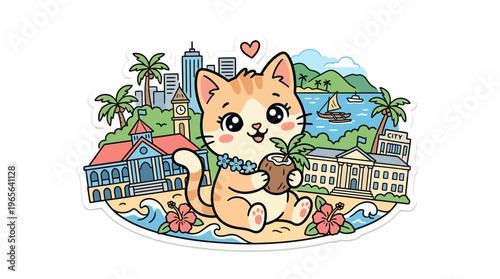 Cute Cartoon Kitten Holding a Coconut Tree on a Hawaiian Beach