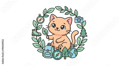 Cute Cat Adorned With Nature and Adventure Symbols