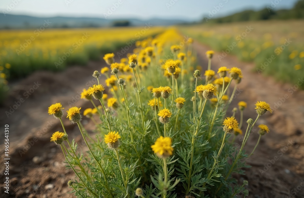 Fototapeta premium Field of yellow flowering weeds, Senecio vulgaris plants growing in rows on agricultural land. Close-up view of wild flora with green leaves and small blooms in nature.