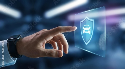 Hand touching car shield icon on futuristic digital screen, representing auto insurance and protection