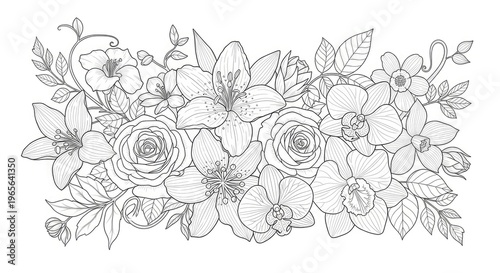 Elegant floral illustration with roses lilies and orchids in detailed vector design