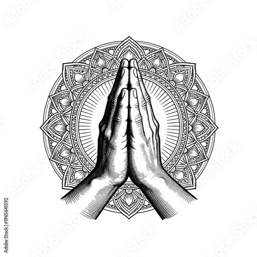 Antique lotus mudra hands and mandala etching yoga illustration