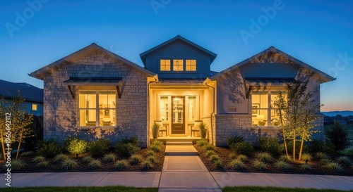 Elegant illuminated house exterior at dusk with inviting entrance and landscaping