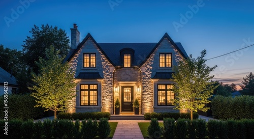 Elegant illuminated house exterior at dusk with architectural details and landscaping