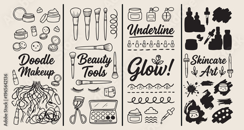 Beauty and cosmetics icons, makeup tools doodles, skincare routine illustrations, facial treatment graphics, hair care symbols, aesthetic salon sketches, personal grooming elements
