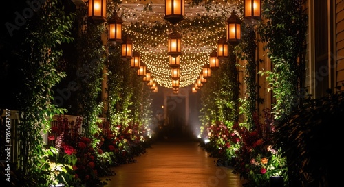 Elegant illuminated pathway with lanterns and flowers at night event