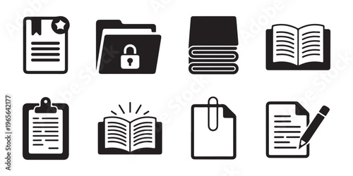 Collection of document and book icons symbolizing knowledge organization and information management.