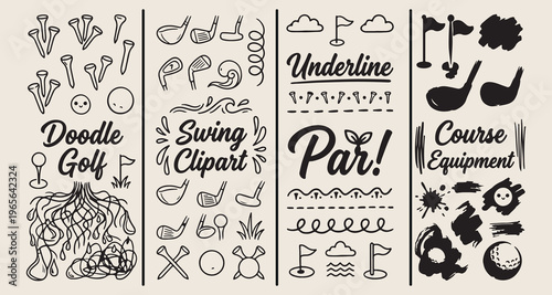 Golf sports icons, country club doodles, swing technique illustrations, golf equipment graphics, tournament trophy symbols, outdoor recreation sketches, professional golf elements
