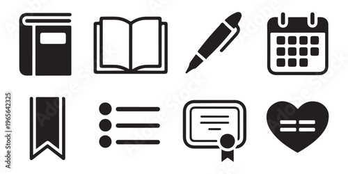 Solid black icons for education and business, including book, open book, pen, calendar, bookmark, list.