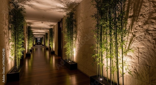 Elegant interior hallway with bamboo plants and warm ambient lighting