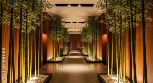 Elegant interior hallway with bamboo trees and warm lighting design