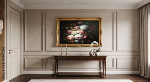 Elegant interior scene with floral artwork and classic design elements