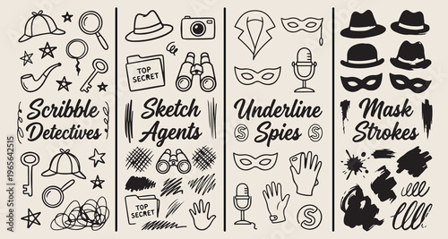 secret agent spy graphics, private investigator detective sketch, mystery thriller theme art, undercover mission equipment doodle, espionage surveillance tools vector, top secret folder icon, noir cri