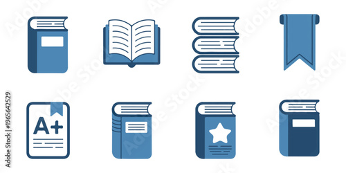 set of blue book and education related vector icons, modern symbols for learning and knowledge.