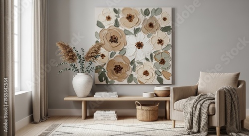 Elegant living room decor with floral artwork and neutral tones