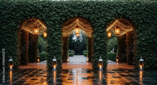 Elegant ivy covered archway with soft lighting for event or celebration
