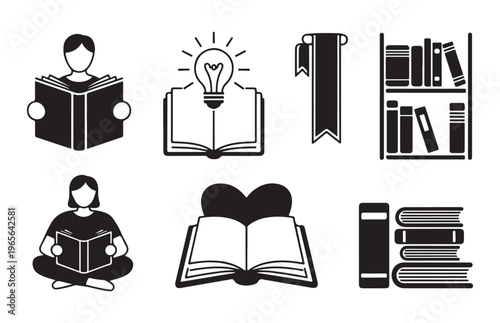 reading and book related icons set, a collection of black and white vector symbols for education.