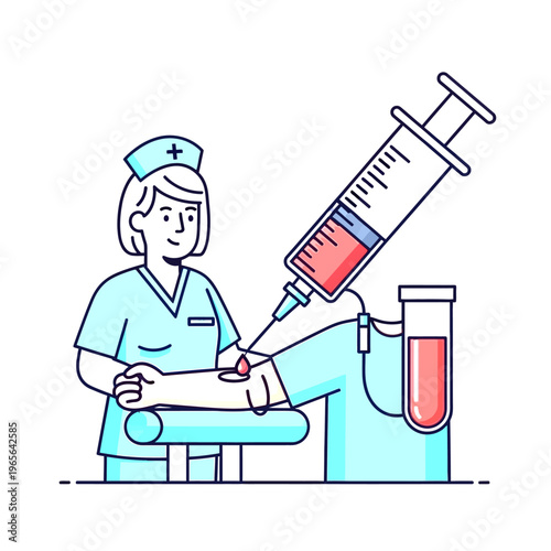 Nurse Performing Blood Draw for Medical Test and Healthcare. Phlebotomy Procedure with Syringe and Blood Sample Collection.