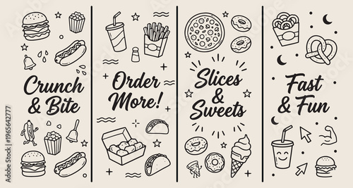 Fast food icons, restaurant menu doodles, snacks and junk food, pizza and burger illustrations, takeout meal graphics, street food sketches, dining out elements

