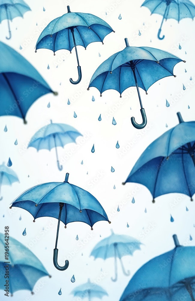Obraz premium Blue umbrellas float in soft rain. Delicate drops fall against a light background. Gentle, whimsical pattern with varied umbrella sizes and focus.