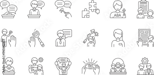 Applied Behavior Analysis icons set, ABA therapy line vector elements, behavioral health and autism support symbols, 18 professional healthcare icons