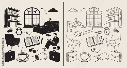 Travel and vacation icons, global exploration doodles, tourism agency symbols, luggage and suitcase illustrations, flight and transport graphics, destination planning sketches, adventure holiday eleme