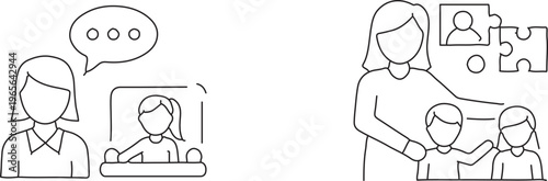 Minimalist line art icons of family therapy and child counseling, mental health support for children vector set, psychological consultation symbols