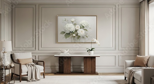 Elegant living room interior with artwork furniture and natural light